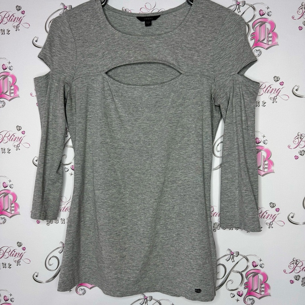 Guess top cut outs grey soft buttery metal logo emblem cutout front and arms